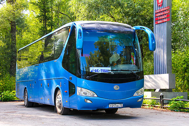 Asha, Russia - August 12, 2016: Blue coach bus Yutong ZK6129H is parked in the city street.